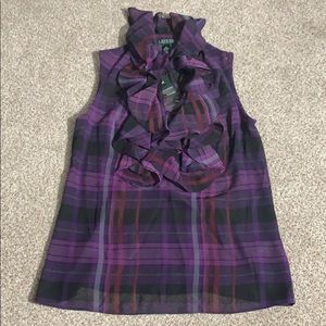 LAUREN Ralph Lauren plaid purple sheer ruffle top